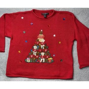 Christmas Sweater Teddy Bear Tree Work in Progress Womens L/XL? See Measurements
